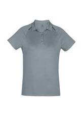 Stylish silver and charcoal ladies polo from Biz Collection, made of breathable polyester with UPF sun protection.