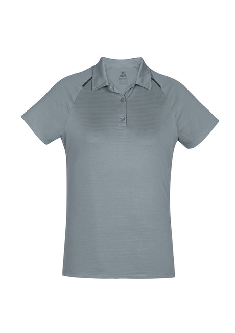 Academy Ladies Polo in Silver and Charcoal, a breathable polyester polo shirt with UPF protection and stylish design for active women.
