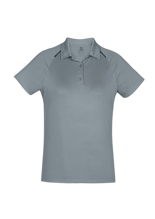 Stylish silver and charcoal ladies polo shirt featuring self-fabric collar, button placket, and modern design elements.