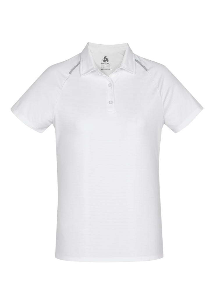 White and silver Academy Ladies Polo, size 18, featuring breathable polyester, stylish design, and excellent UV protection.