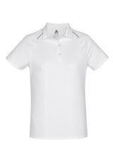 Stylish white/silver polo shirt for women, crafted from breathable polyester with a self-collar and contemporary design details.