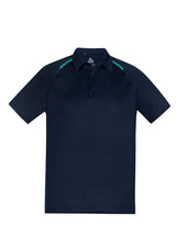 Navy and teal men's polo shirt, made from breathable polyester, featuring a self-collar, button placket, and modern design elements.