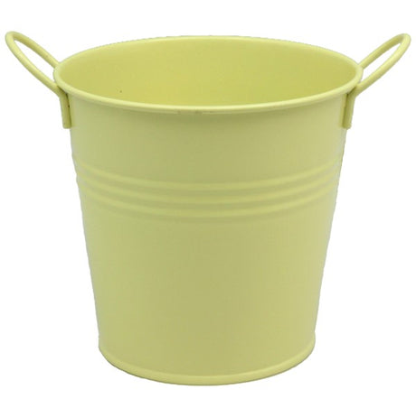 Vibrant lemon-colored metal bucket with two handles, perfect for storage, decor, and outdoor use.
