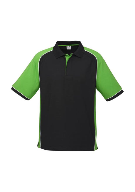 Men's Nitro Polo in black, green, and white with UPF protection, knitted collar, and side splits for comfort, size S.