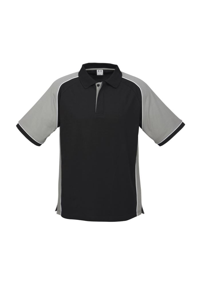 Men's Nitro Polo in black, grey, and white, size M, featuring breathable fabric, contrast panel, and a practical loose pocket.