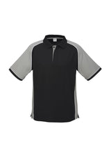 Men's Nitro Polo in black, grey, and white, size M, featuring breathable fabric, contrast panel, and a practical loose pocket.