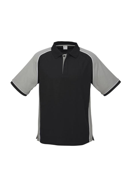 Men's Nitro Polo in black, grey, and white, size M, featuring breathable fabric, contrast panel, and a practical loose pocket.