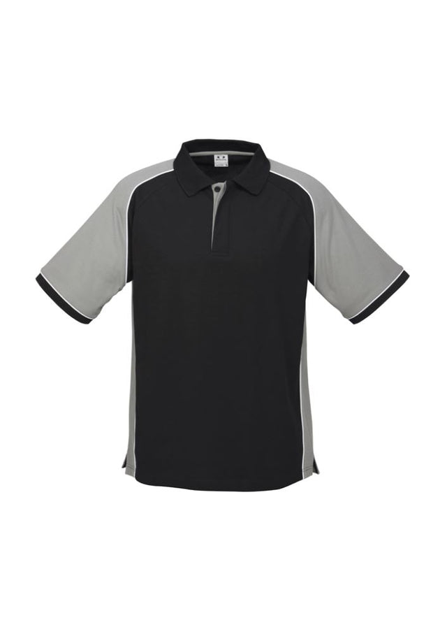 Men's Nitro Polo in black, grey, and white, size M, featuring breathable fabric, contrast panel, and a practical loose pocket.