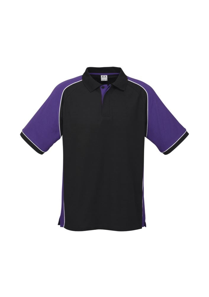 Men's Nitro Polo in Black/Purple/White, size 5XL, featuring a soft blend fabric, contrast piping, knitted collar, and side splits.