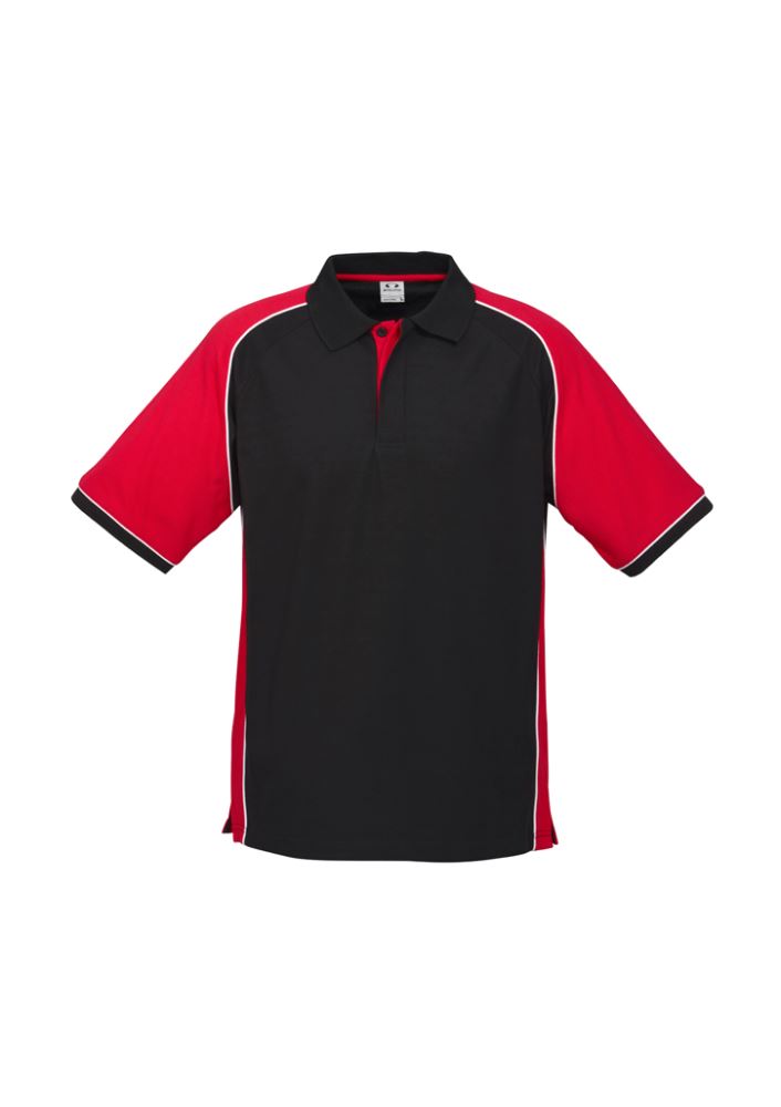Men's Nitro Polo in black, red, and white with modern fit, knitted collar, side splits, and UPF protection. Size L.