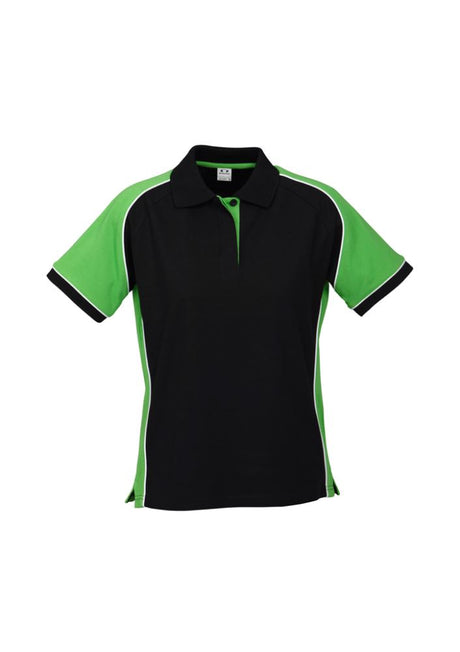 Ladies Nitro Polo in Black, Green, and White, size 8, features a stylish design, UPF protection, and functional side splits.