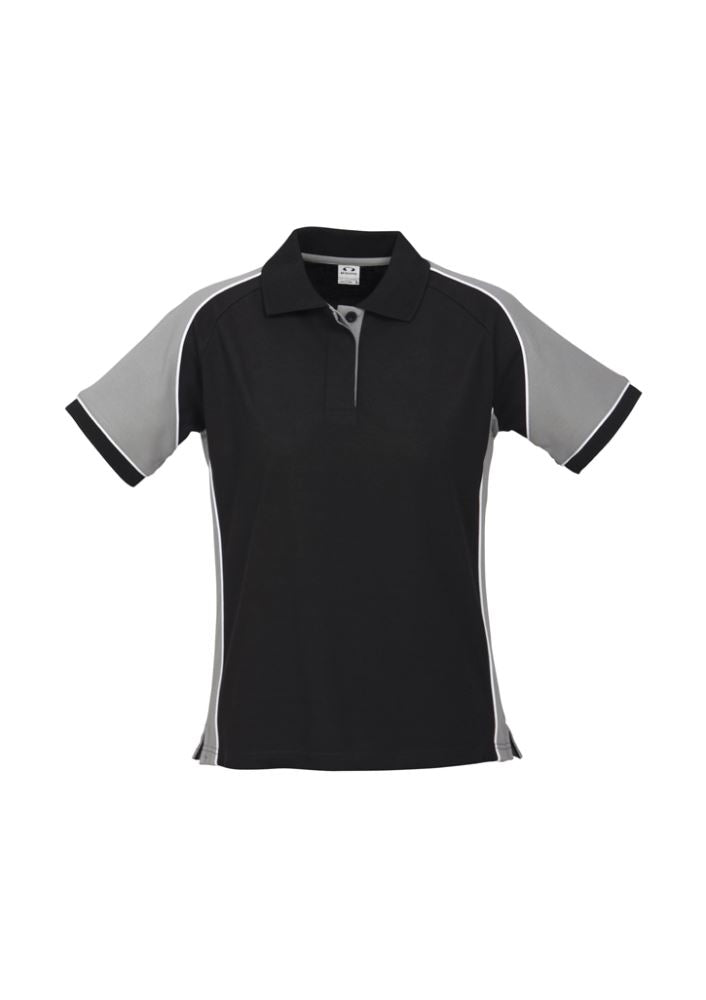 Ladies Nitro Polo in Black/Grey/White, size 16, featuring breathable fabric, contrast panel, and knitted collar for stylish comfort.