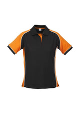 Ladies Nitro Polo in black, orange, and white, Size 16; features UPF protection, contrast panel, and stylish knitted collar.