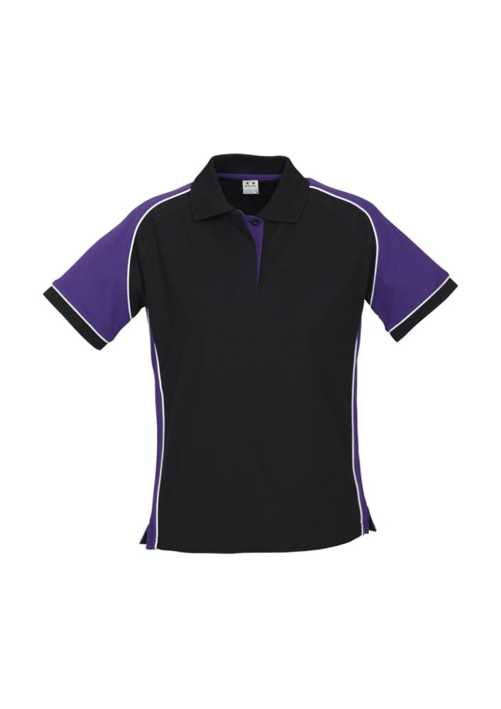 Elegant Ladies Nitro Polo in Black, Purple, and White, size 14, featuring a knitted collar and UPF protection for stylish comfort.