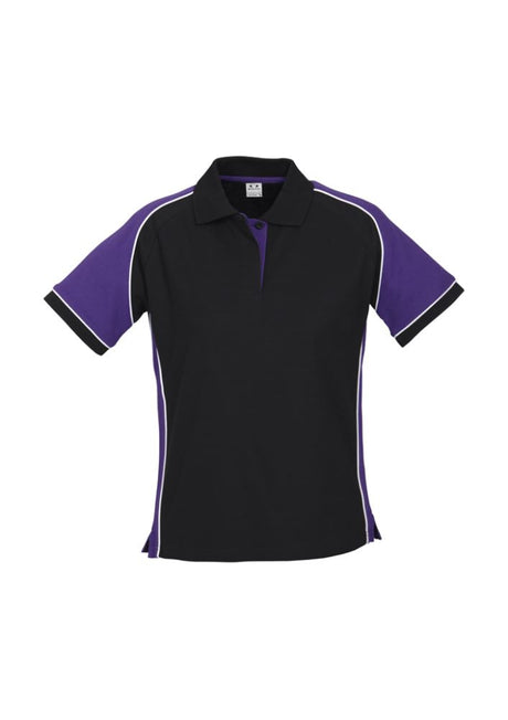 Stylish Ladies Nitro Polo in Black, Purple, and White, Size 16, featuring breathable fabric and UPF sun protection.
