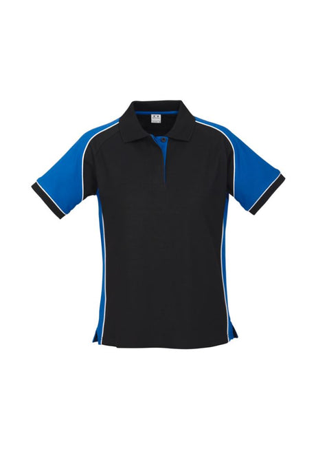 Stylish Ladies Nitro Polo in Black/Royal/White, Size 14, features a chic contrast panel and soft, durable fabric blend.