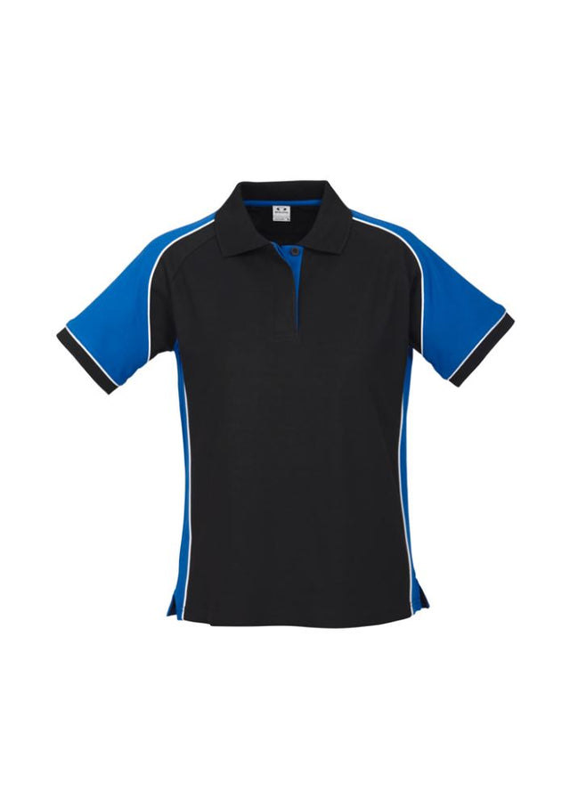 Ladies Nitro Polo in Black/Royal/White, size 22, featuring breathable fabric, stylish piping, and excellent sun protection.