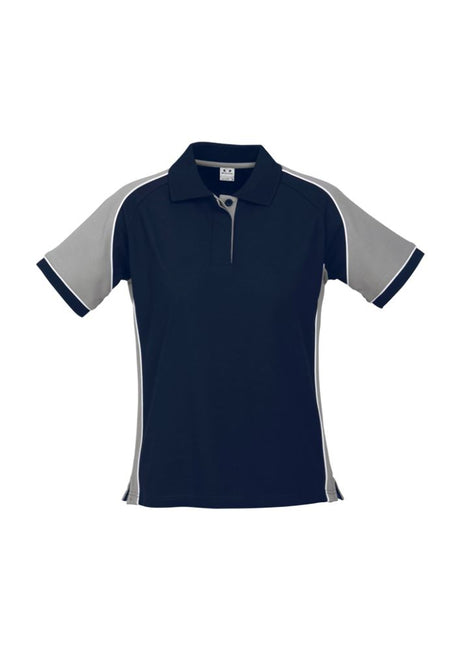Ladies Nitro Polo in Navy, Grey, and White, Size 8, featuring soft pique knit, stylish contrast panel, and UPF sun protection.