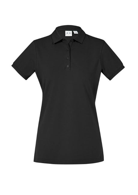 Ladies City Polo in Black (Size 6) featuring a waffle knit collar, breathable fabric, and UPF 50+ protection for stylish versatility.