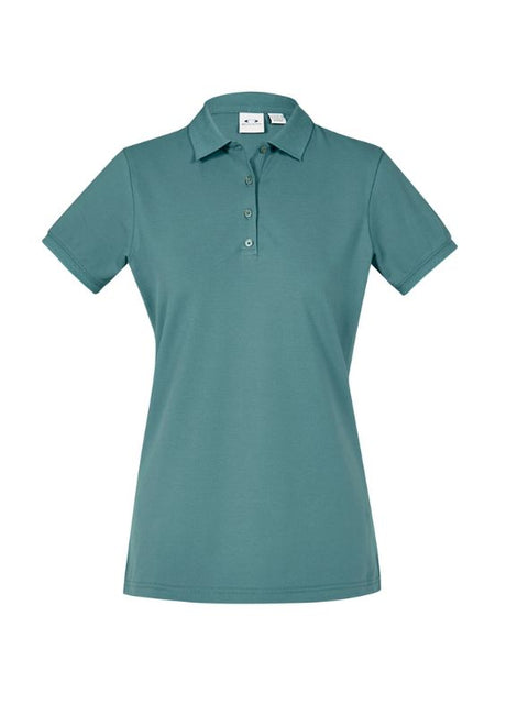 Ladies City Polo in Jasper Green, Size 18, featuring breathable fabric, chic collar, and UPF 50+ sun protection.