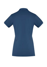 Ladies City Polo in Mineral Blue, size 14, featuring breathable stretch cotton and a unique waffle knit collar.