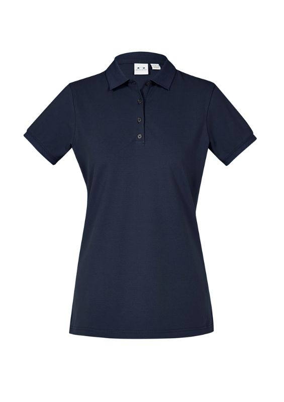 Navy Ladies City Polo (Size 6) featuring a waffle knit collar, breathable cotton, longer length, and UPF 50+ protection.