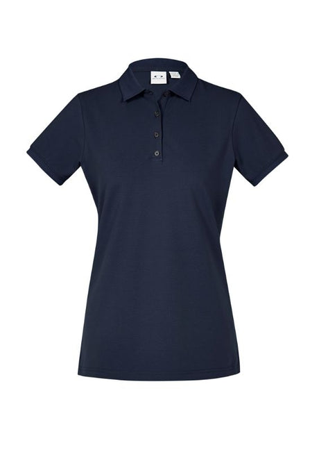 Ladies City Polo in navy, size 12, with waffle knit collar, UPF 50+ protection, and breathable stretch cotton fabric.