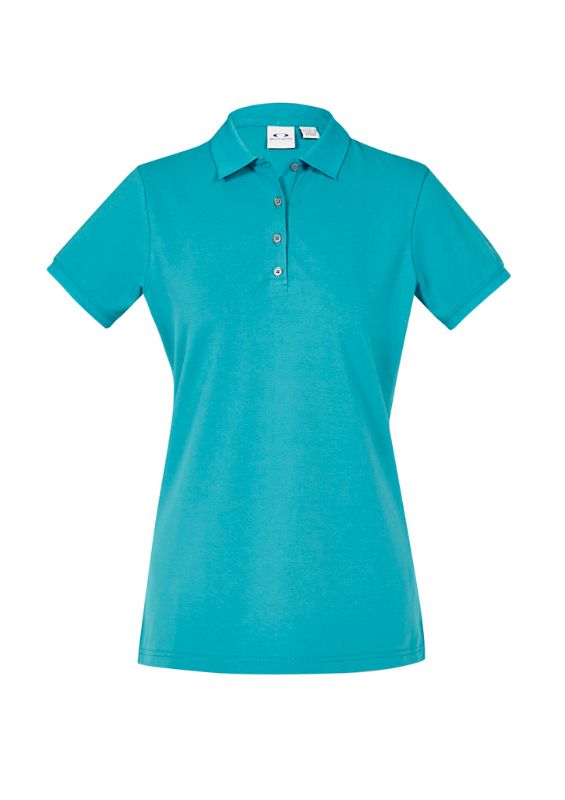 Teal Ladies City Polo, size 6, featuring a waffle knit collar, breathable fabric, UPF 50+, and stylish longer length with side splits.