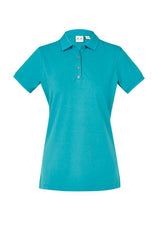 Teal ladies' city polo featuring a waffle knit collar, side splits, and UPF 50+ protection in size 14 for stylish comfort.