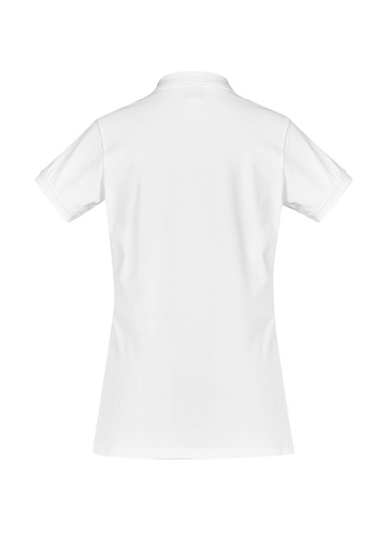 Ladies City Polo in white, size 6, featuring waffle knit collar, breathable cotton, and UPF 50+ sun protection.