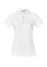 Ladies City Polo in white, size 6, featuring waffle knit collar, UPF 50+ sun protection, and stylish longer length fit.