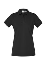 Elegant black Ladies City Polo for women, size 16, featuring breathable fabric, UPF 50+ protection, and unique waffle knit details.
