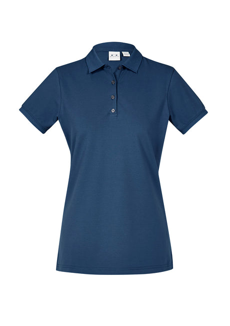 Ladies City Polo in Mineral Blue, size 6, featuring a unique collar, breathable fabric, and UPF 50+ for outdoor elegance.