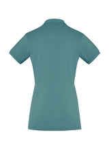 Ladies City Polo in Jasper Green featuring a waffle knit collar, breathable fabric, and flattering longer length for comfort.