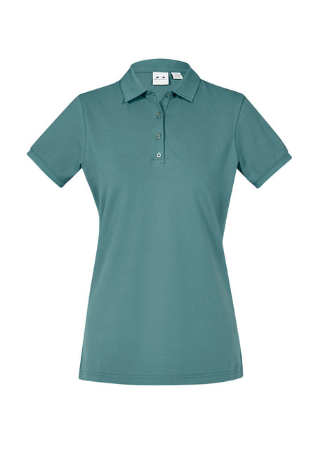 Ladies City Polo in Jasper Green, size 22, features breathable pique knit, waffle collar, and flattering longer length.