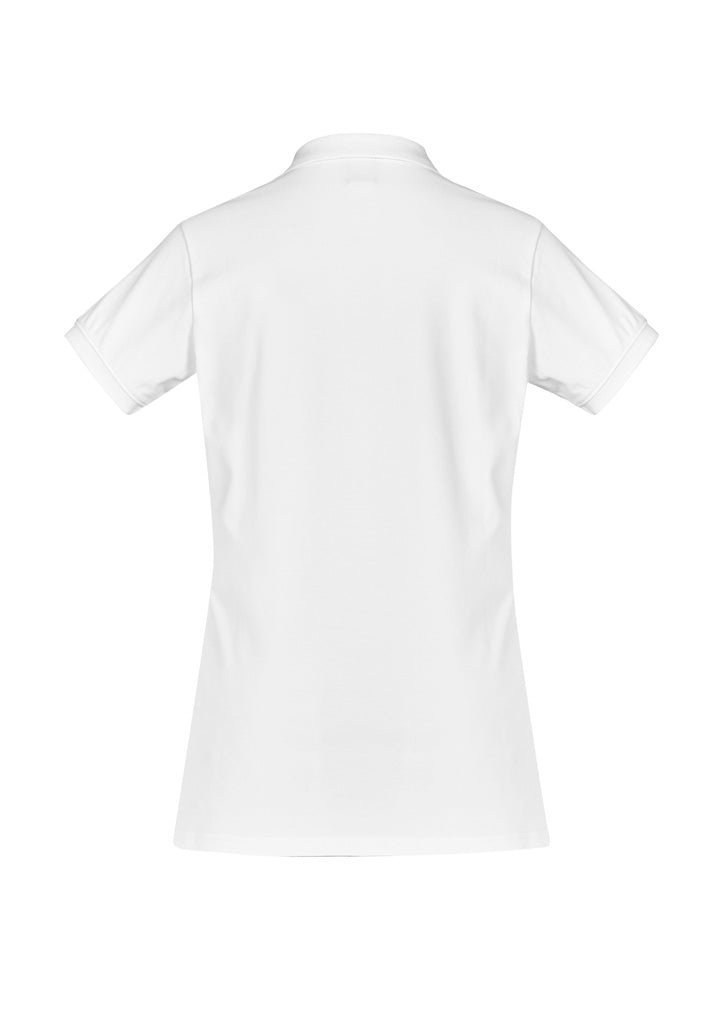 Ladies City Polo in white, size 16, featuring breathable fabric, UPF 50+ protection, and elegant waffle knit details.