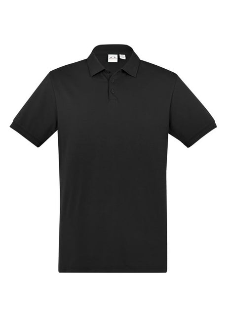 Men's black City Polo from Biz Collection, featuring a waffle knit collar, breathable fabric, and longer length for a stylish fit.