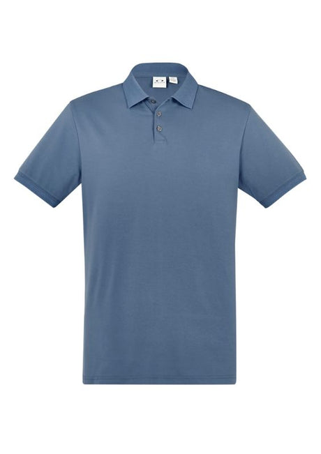 Men's City Polo in Grey Smoke, Size S, featuring breathable cotton blend, waffle collar, longer fit, and UPF 50+ protection.