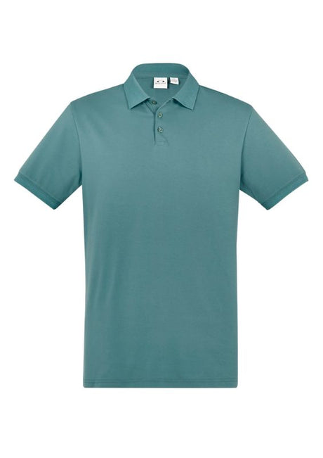 Men's City Polo in Jasper Green, featuring breathable fabric, unique collar, and pocket, perfect for casual style and comfort.