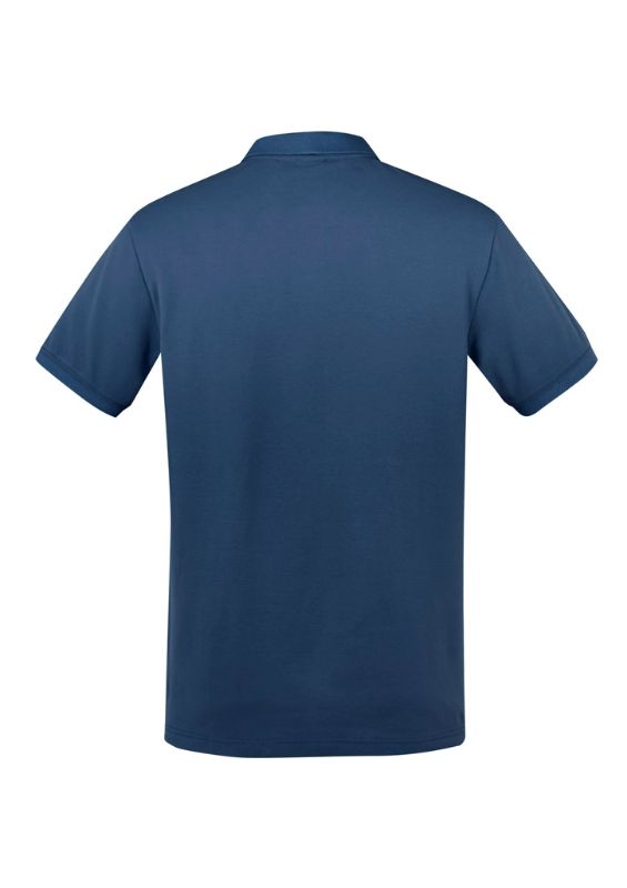 Men's City Polo in Mineral Blue, Size S, featuring breathable cotton, waffle knit collar, side splits, and UPF 50+ protection.