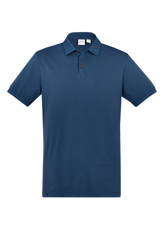 Men's City Polo in Mineral Blue (Size S) featuring breathable stretch fabric, waffle knit collar, and relaxed fit with pocket.