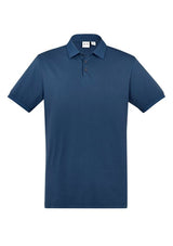 Men's City Polo in Mineral Blue, 5XL size, featuring breathable cotton blend, waffle knit collar, side splits, and UPF 50+ protection.