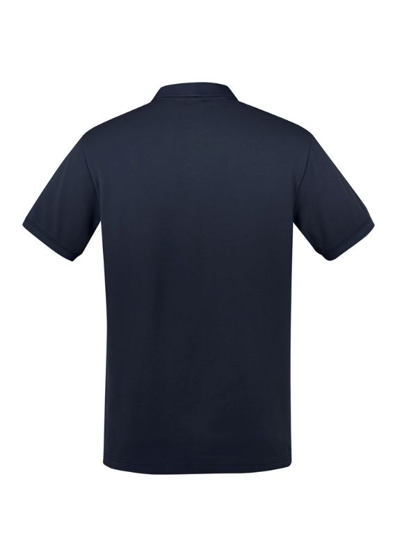 Navy men's polo shirt in size 5XL, featuring stretchy cotton fabric, waffle knit collar, and UPF 50+ sun protection.