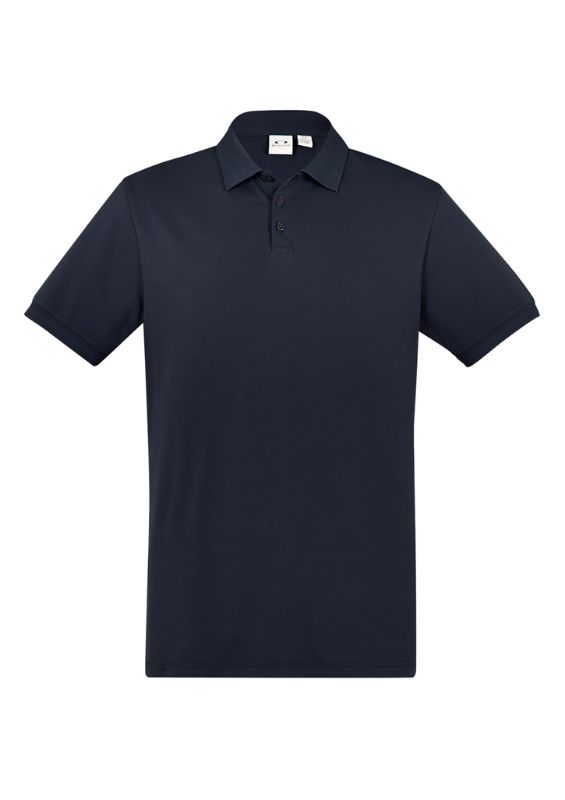 Men's navy polo shirt with unique waffle knit collar, side splits, and UPF 50+ protection, perfect for casual and semi-formal wear.