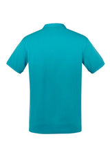 Teal men's polo shirt with waffle knit collar, side splits, and UPF 50+ protection, perfect for smart casual wear (Size S).