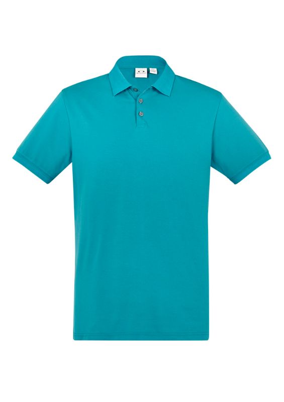 Men's Teal City Polo in XL featuring breathable cotton blend, unique waffle knit collar, longer length, and UPF 50+ protection.