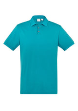 Men's City Polo in teal, size L, showcasing breathable cotton fabric, unique collar design, and UPF 50+ sun protection.