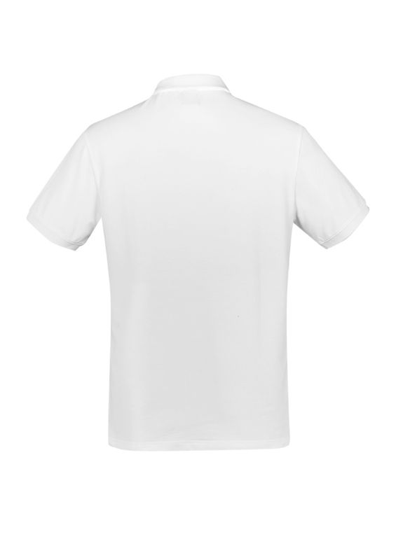 White Men's City Polo by Biz Collection in Size S, featuring breathable fabric, UPF protection, and stylish waffle knit details.