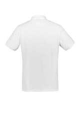 White Men's City Polo by Biz Collection in Size S, featuring breathable fabric, UPF protection, and stylish waffle knit details.