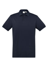 Mens City Polo in navy, size L, showcasing a stylish waffle knit collar, soft stretchable fabric, and a practical pocket.